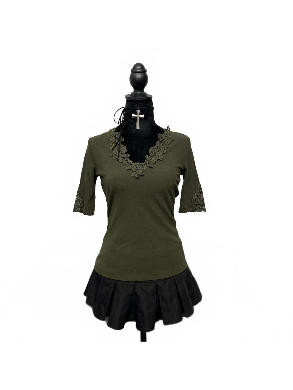 Melanie Lyne Sz S Olive Green 3/4 Sleeve Ribbed Top Lace Crochet Details Fairy